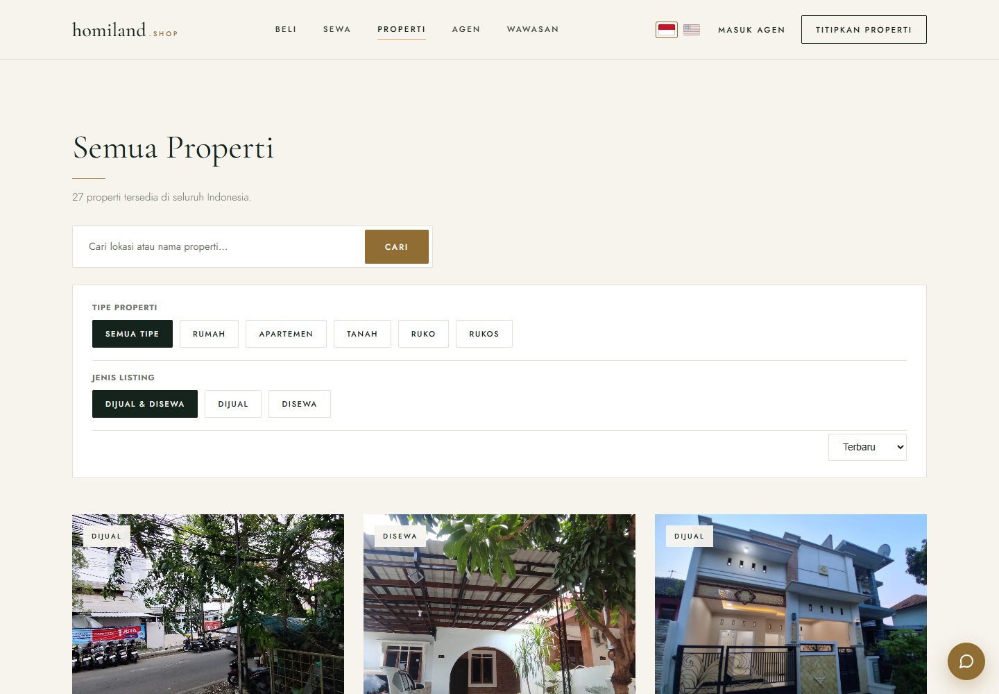 Semua Properti: filter tipe (rumah, apartemen, tanah, ruko, rukos) dan jenis listing dijual/disewa