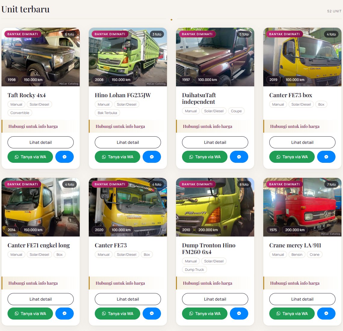 Daftar unit terbaru lengkap dengan foto, tahun, KM, transmisi & tombol Tanya via WA